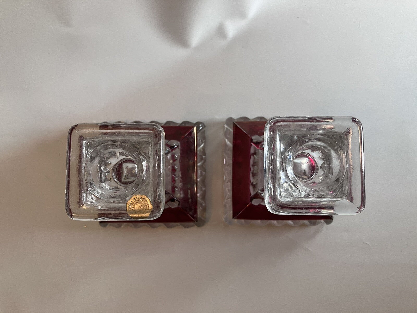 Vintage Westmoreland Wedding Pattern Ruby Flash Crystal candlesticks W/ Sticker