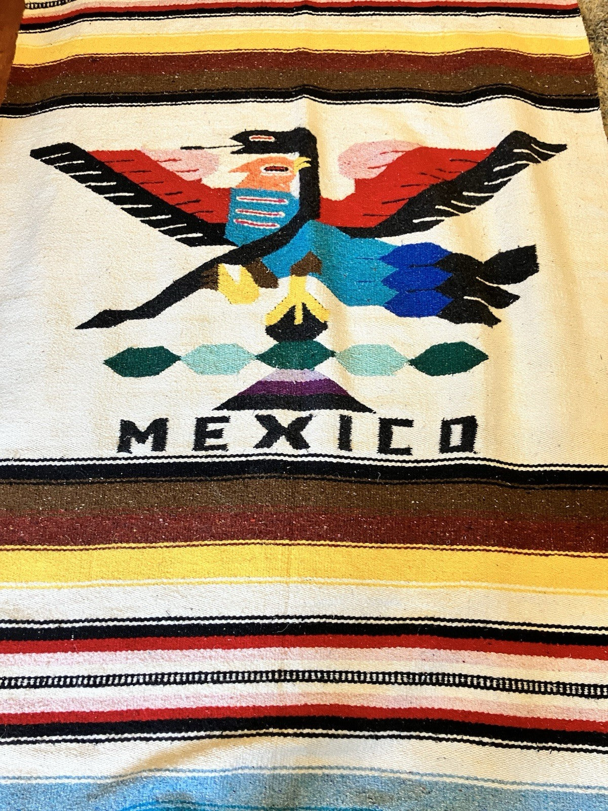 Vintage Hand Woven Mexico Blanket Throw With Eagle And Snake EVC