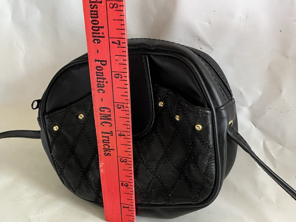 Vintage Black Leather Cross Body Purse With Gold Tone Studs