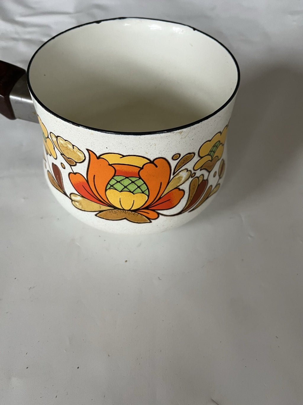 Vintage Country Flowers Sauce Pan Pot 1 Qt Sanko Ware Porcelain Enamel Japan
