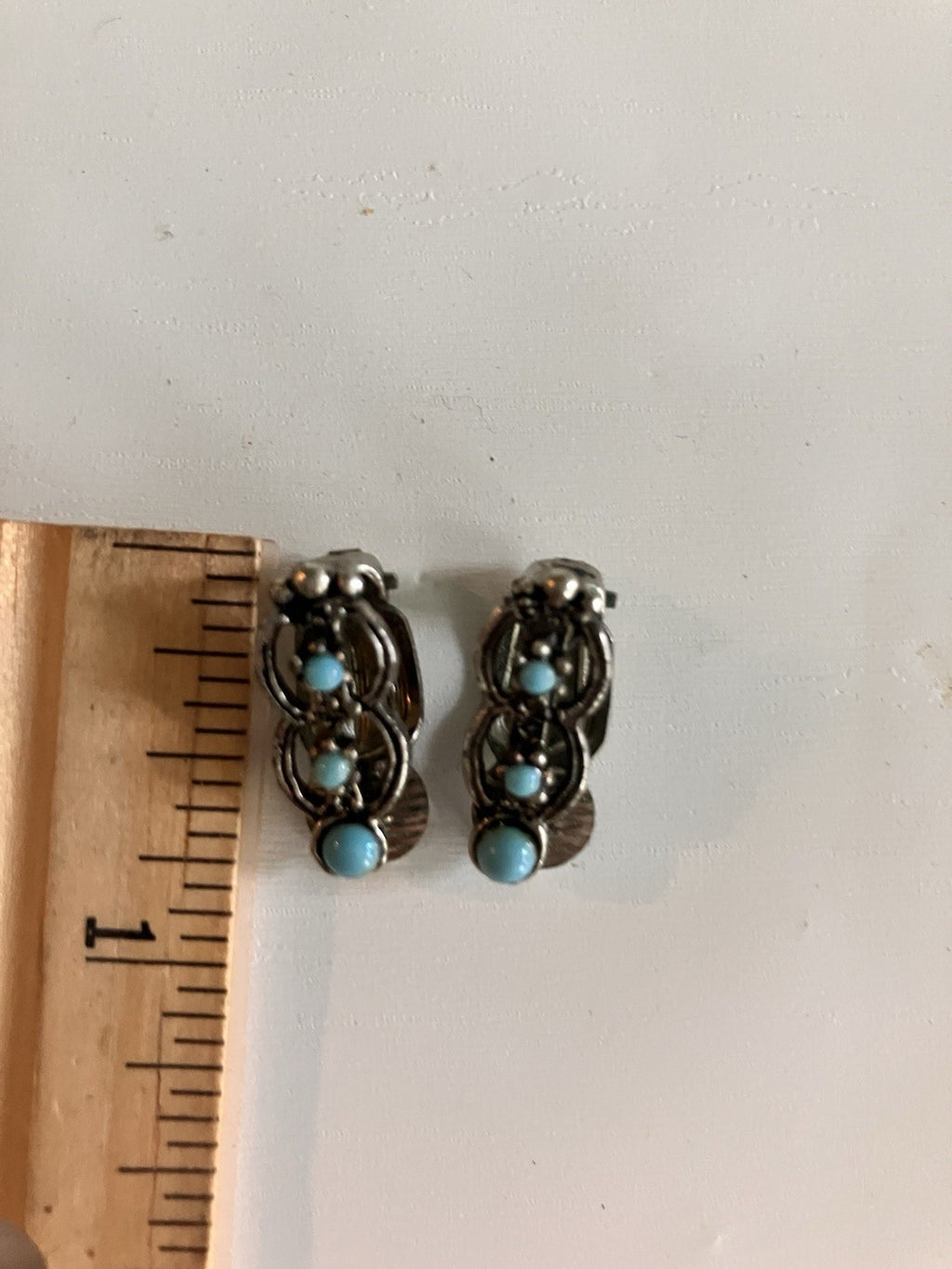 Vintage Faux Turquoise Silvertone Metal Brooch & Clip On Earrings
