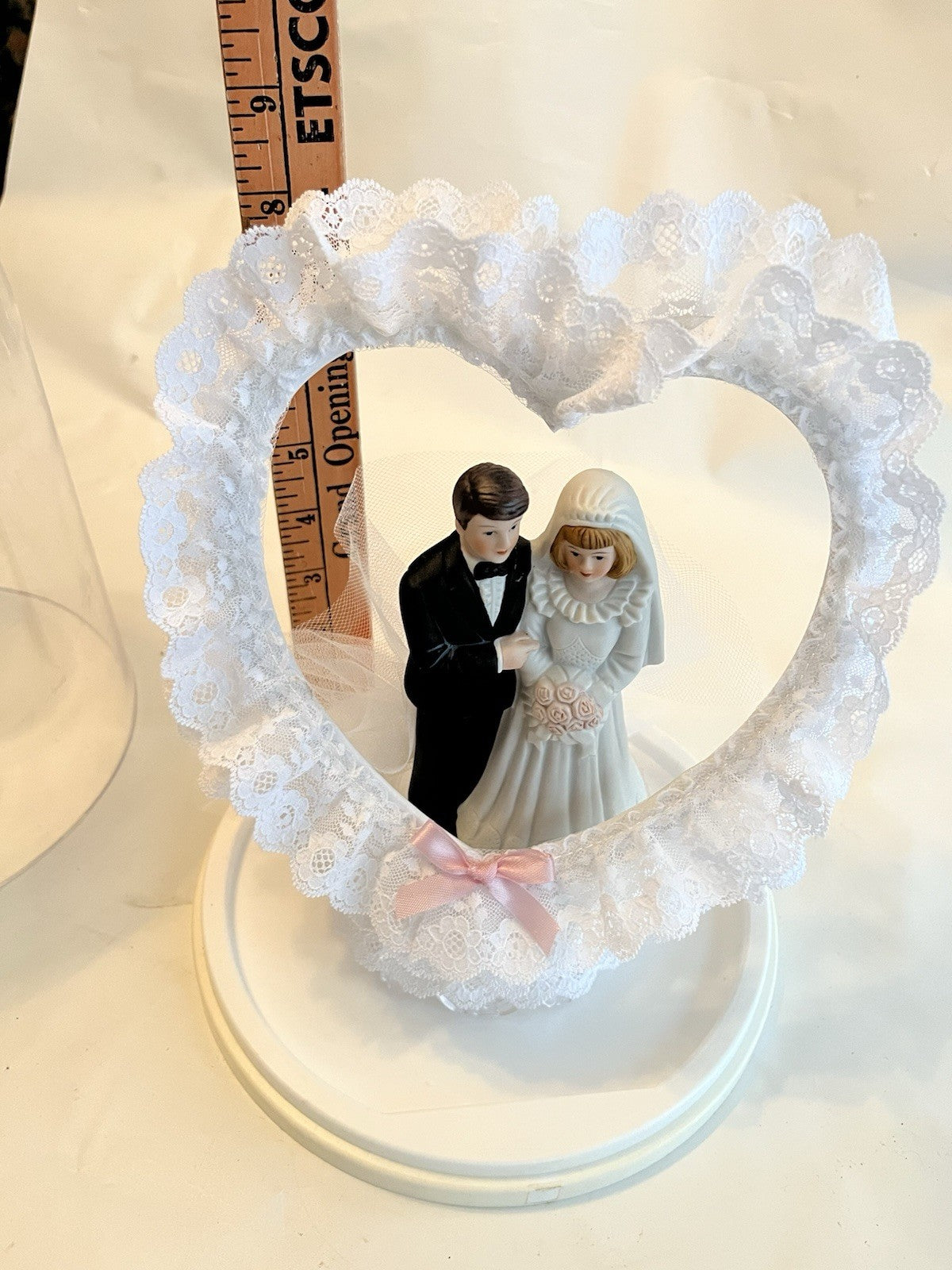 Vintage/ MCM Wedding Cake Topper With Heart Arch, Lace; Original Case NOS
