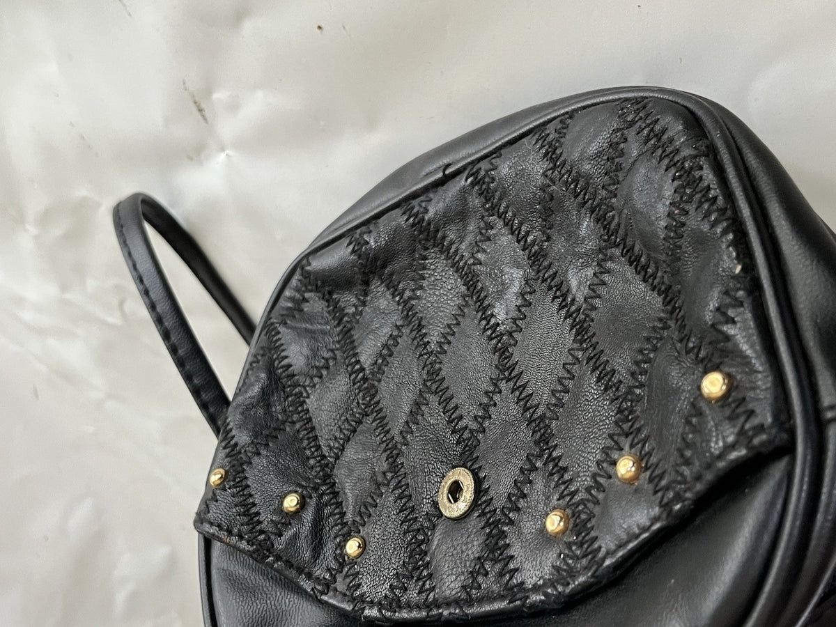 Vintage Black Leather Cross Body Purse With Gold Tone Studs