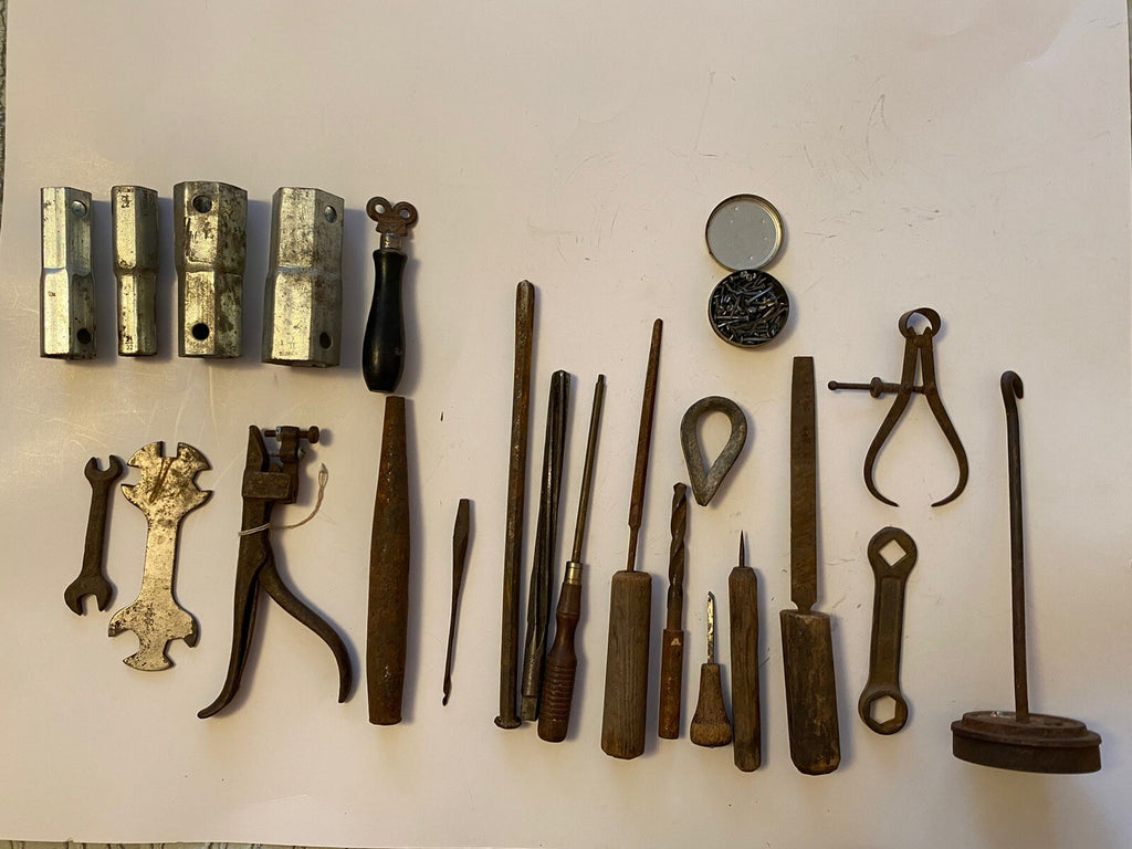 Lot of Vintage Tools Hand Made Handles/File/Knife Sharpener/Drill Bit/Wrench