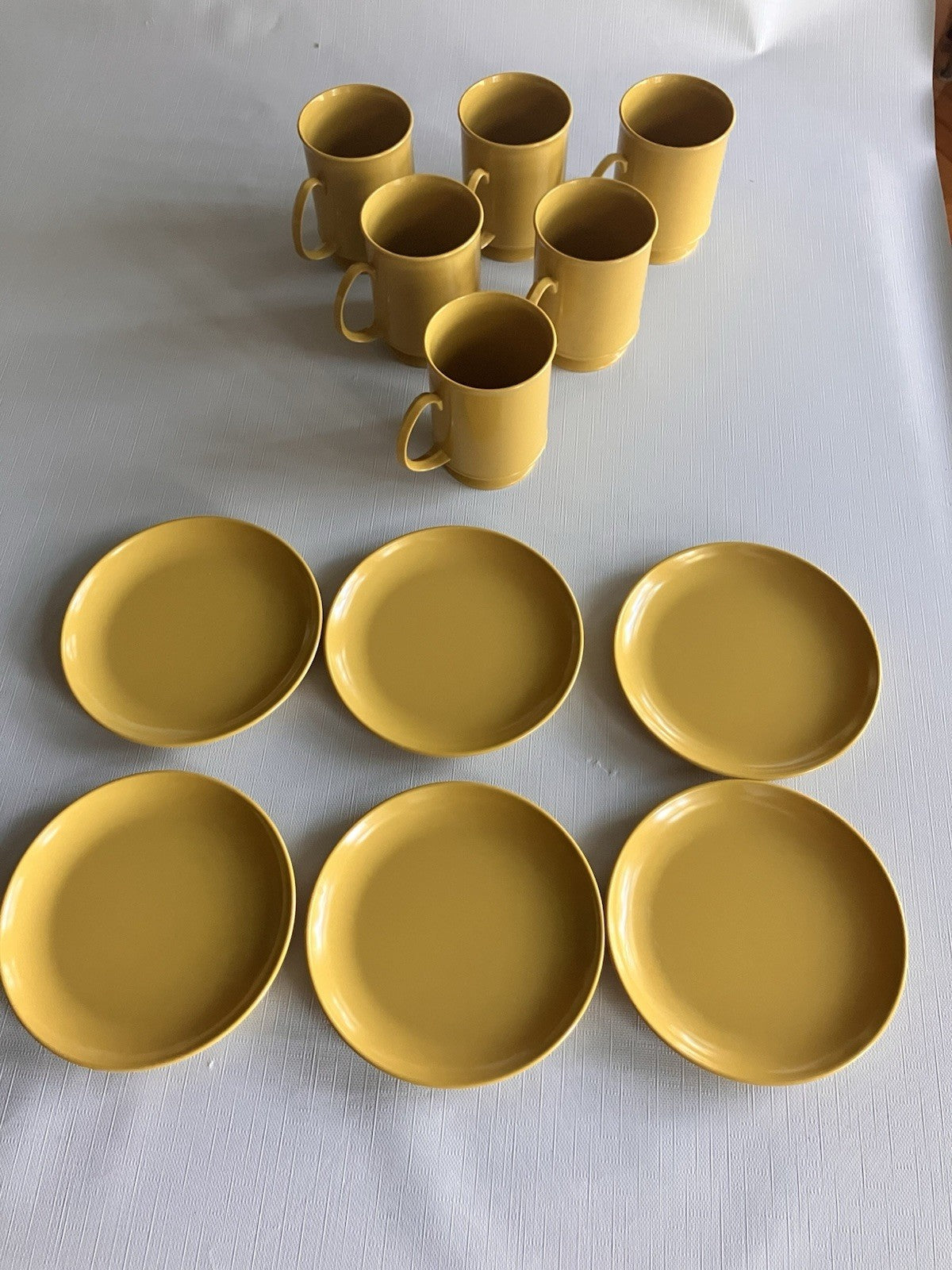 Vintage Mustard Colored Melamine Footed Tall Mugs & Dessert Plates, EVC Set Of 6