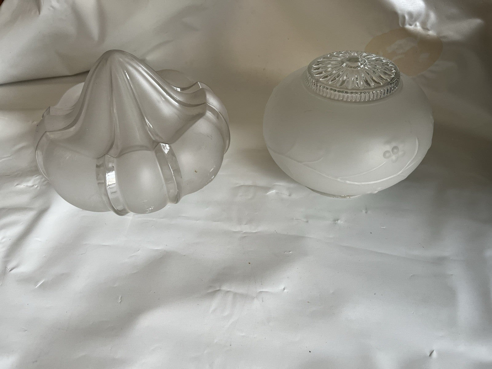Two Vintage Heavy Glass Dome Ceiling Light Covers; Frosted And Decorative