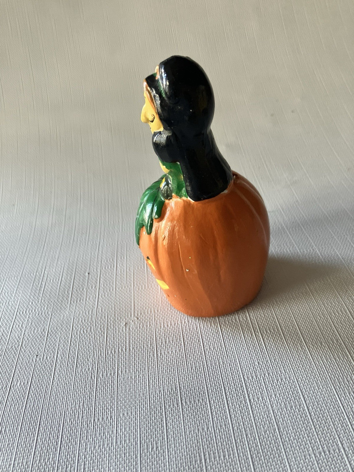 Vintage 4” Ceramic Witch On Pumpkin Bell Halloween Figurine