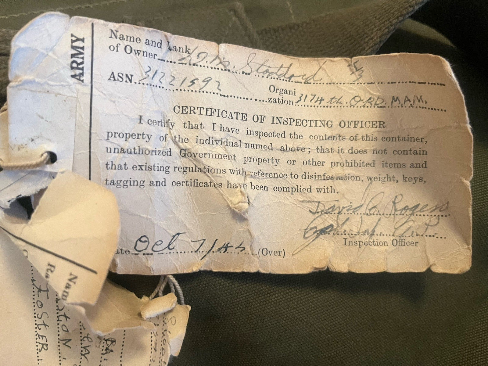 Named WW2 Duffle Bag w/ Import Tags Dated 1945