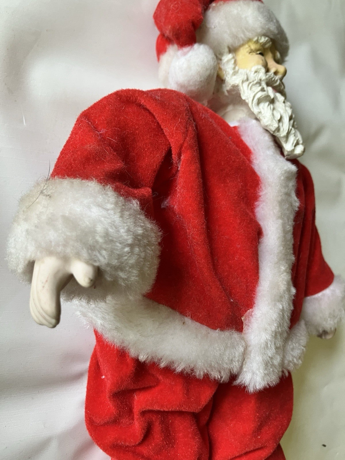 Vintage/MCM 13” Porcelain Stuffed Santa Clause With Velvet And Trimmed Suit