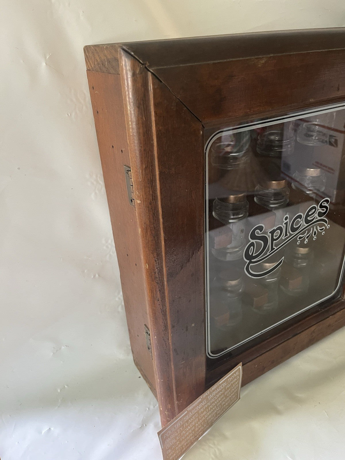 Vintage “Spices” Wooden/ Glass Door 17”x14” 12 Spice Cabinet & 11 Jars/ Stickers
