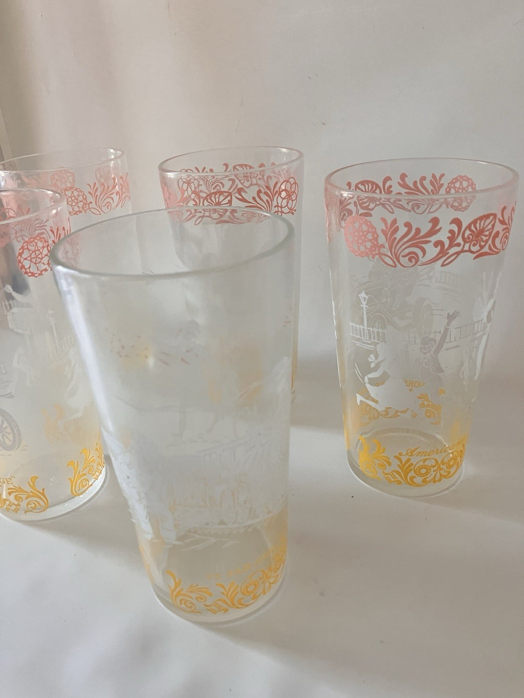 Vintage/MCM  Hazel Atlas Americana Glasses White, Pink And Yellow, Set Of 5