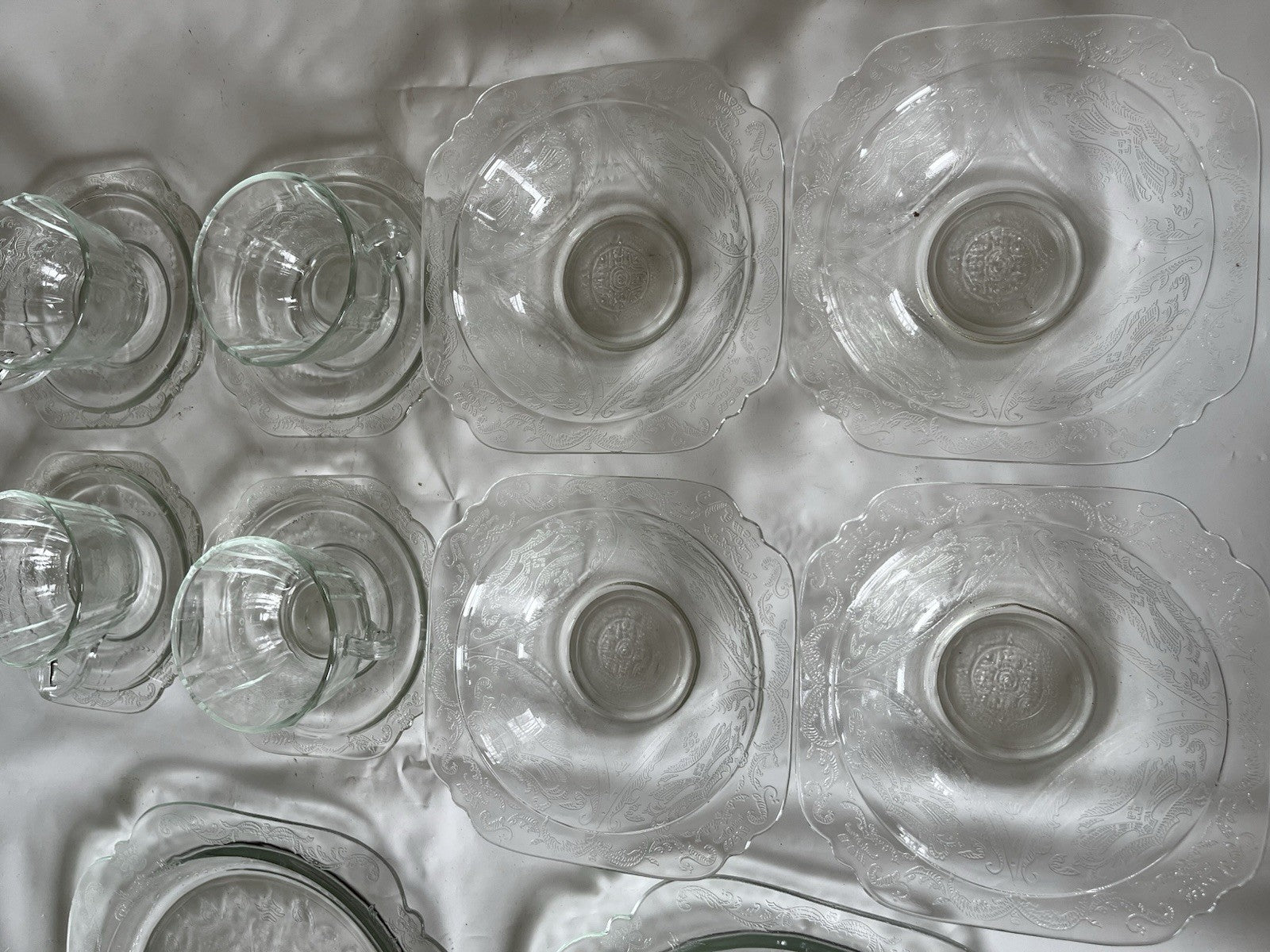 Federal Glass Clear Depression Etched Dinner Plates, Bowls, Cup/saucer 16 Piece
