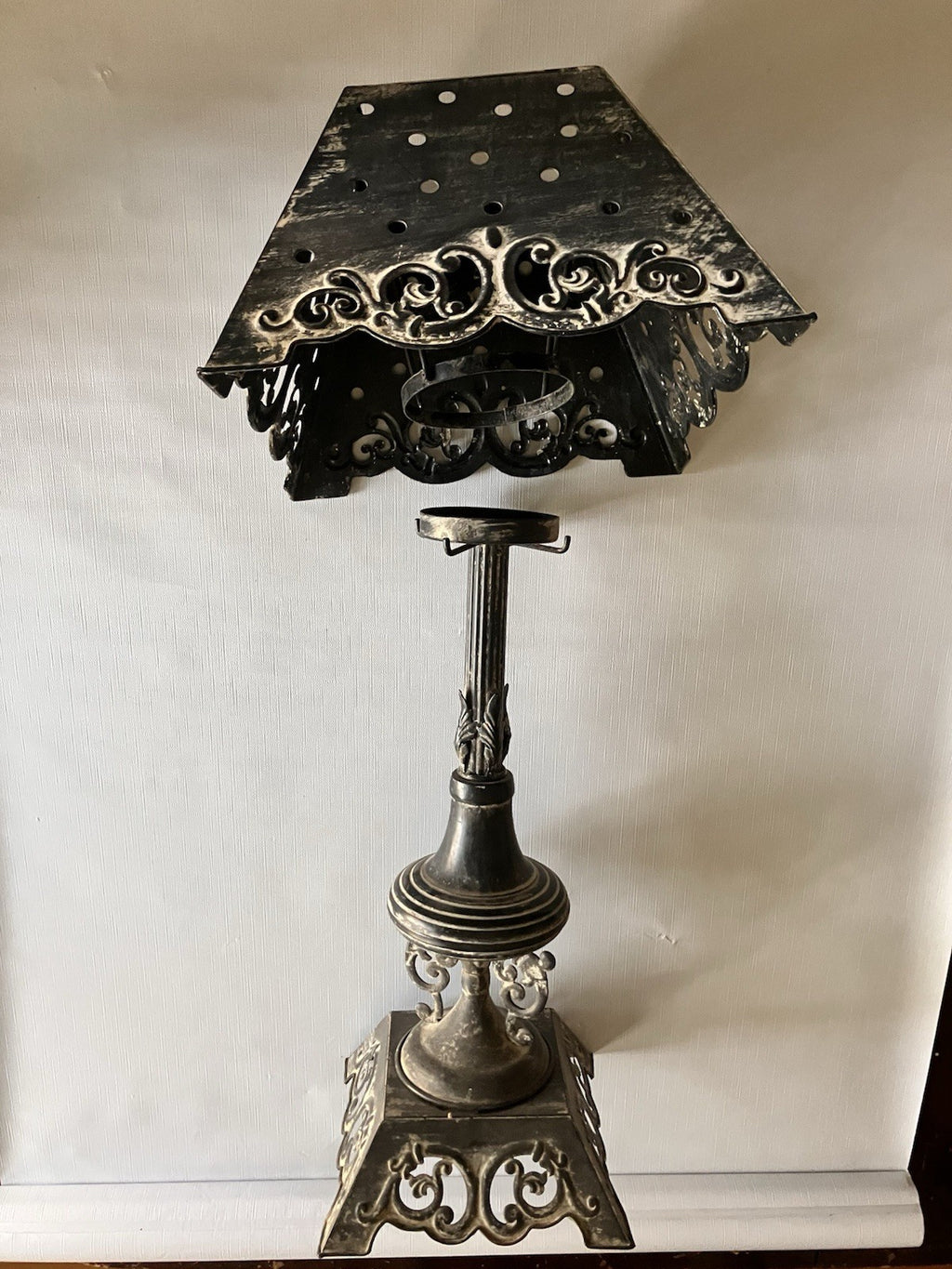Primitive/Rustic 24” Tall Black Metal Antique Candle Holder With Matching Shade