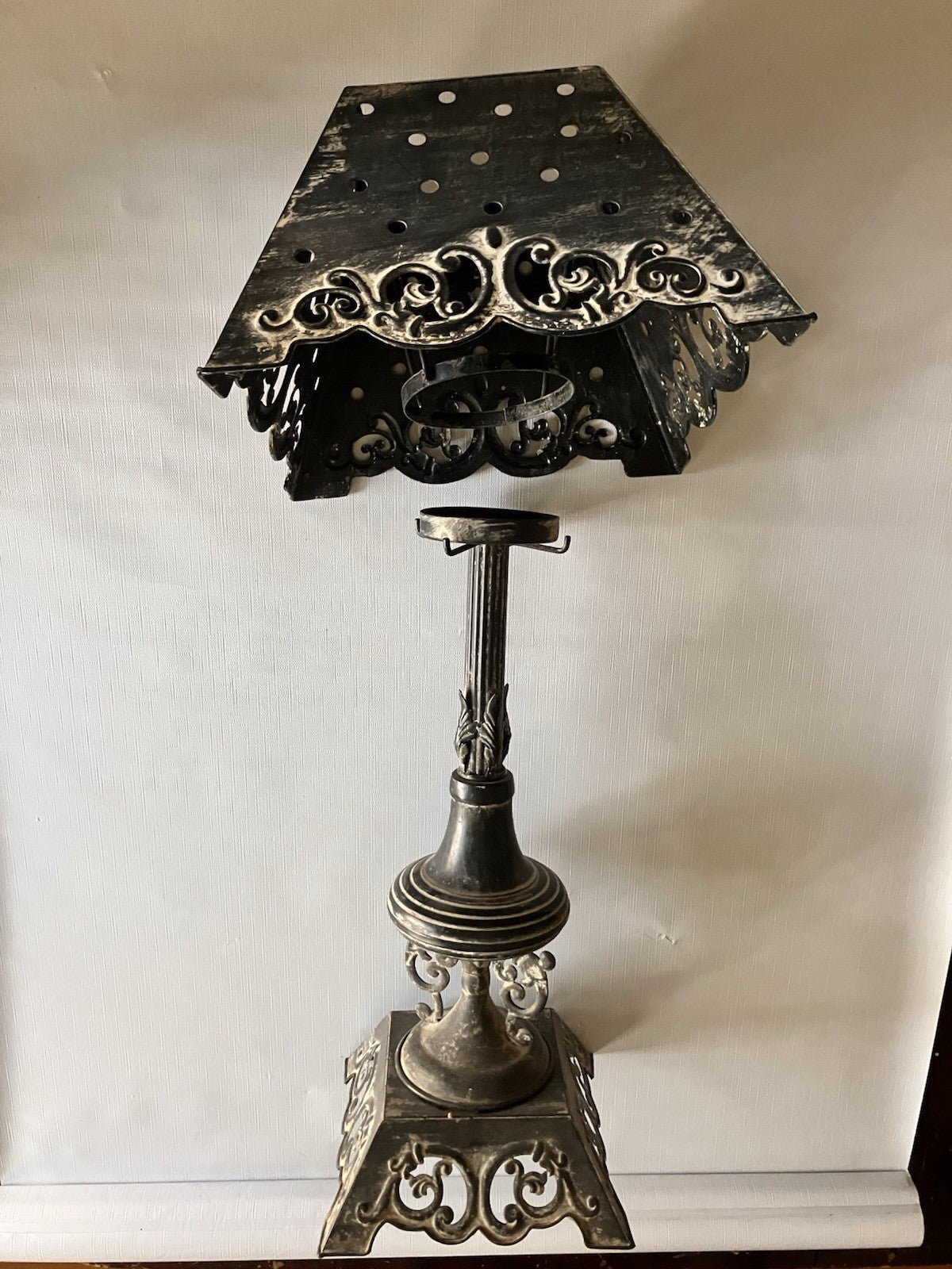 Primitive/Rustic 24” Tall Black Metal Antique Candle Holder With Matching Shade