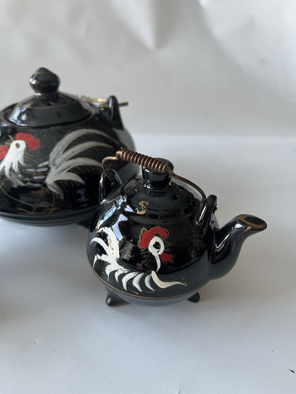 Vintage Japanese Redware Ceramic Rooster Tea Pot, S/P Shakers. Hand painted