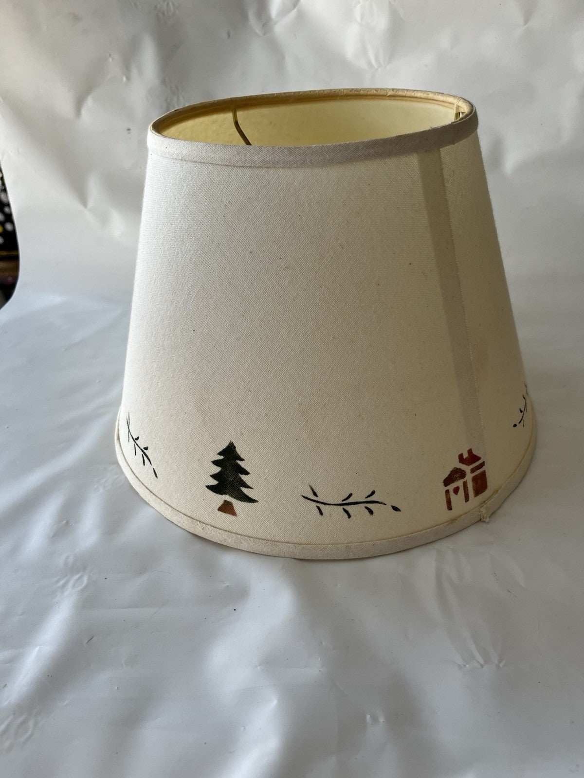 1990’s Primitive White Lamp Shade; 12” Wide Base, 8” Tall, Screw Open Shade
