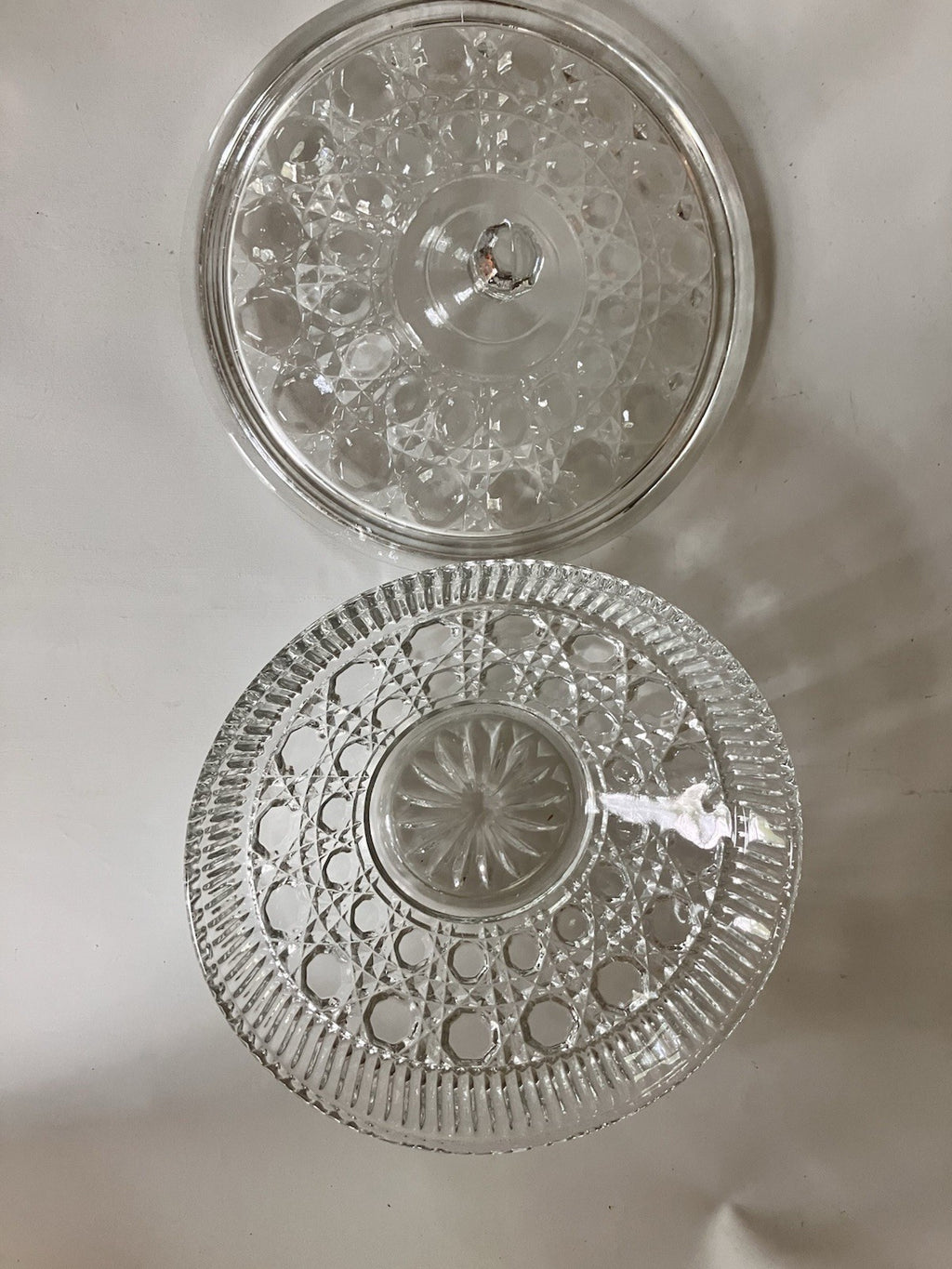 Vintage Clear Indiana Glass Diamond Cane And Button Candy Dish