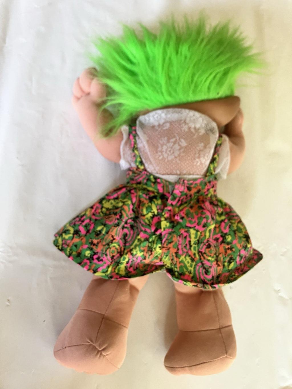Vintage Large Plush Troll Treasure Doll With Green Hair &Jewel/Acid Wash Outfit