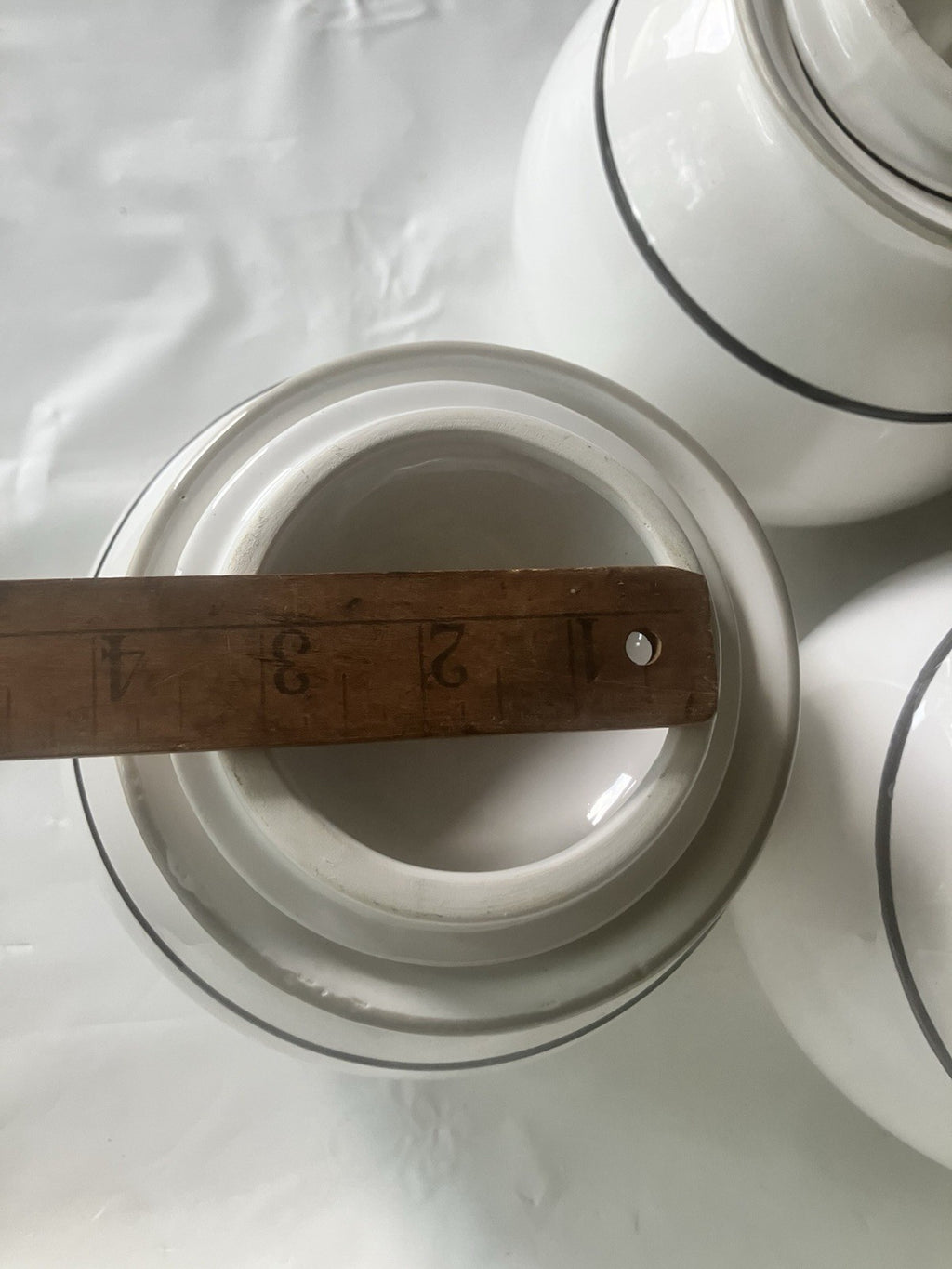 Large Ceramic Canister Set Of 3 Identical Sizes; 1, 2, 3 With Pinstripe On White