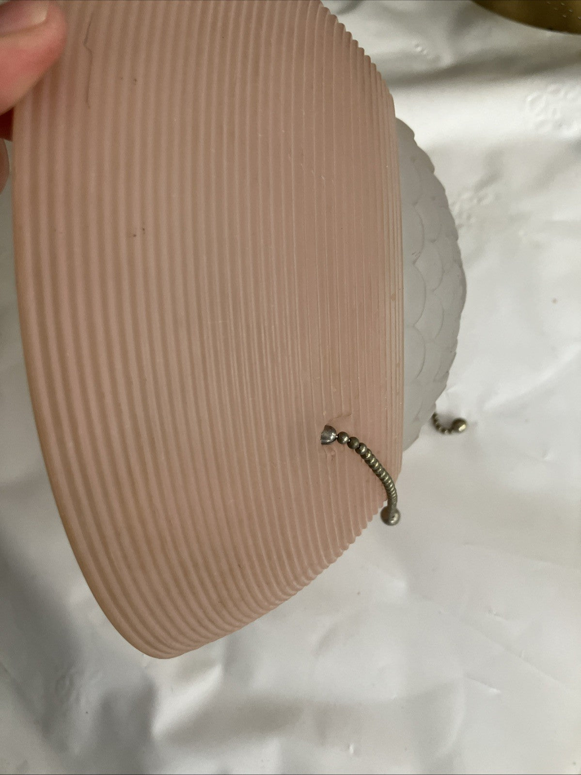 Vintage Hanging 3 Chain Ceiling Light Lamp Shade 10" Frosted Pink Glass Ribbed