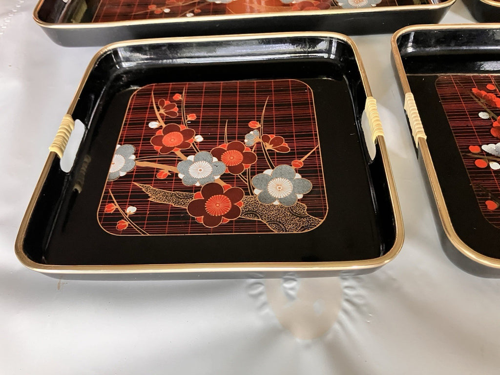 Vtg Toyo Japanese Lacquerware Enamel Serving Trays (4)- Floral/Plaid 2 Patterns