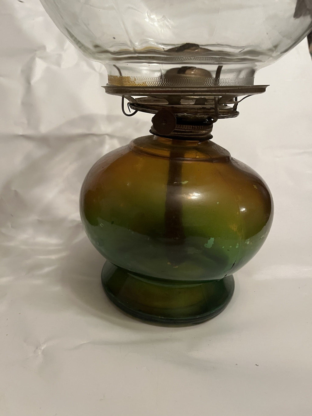 Vintage Amber-Green Glass Hurricane Kerosene Lamp  With Original Glass Globe