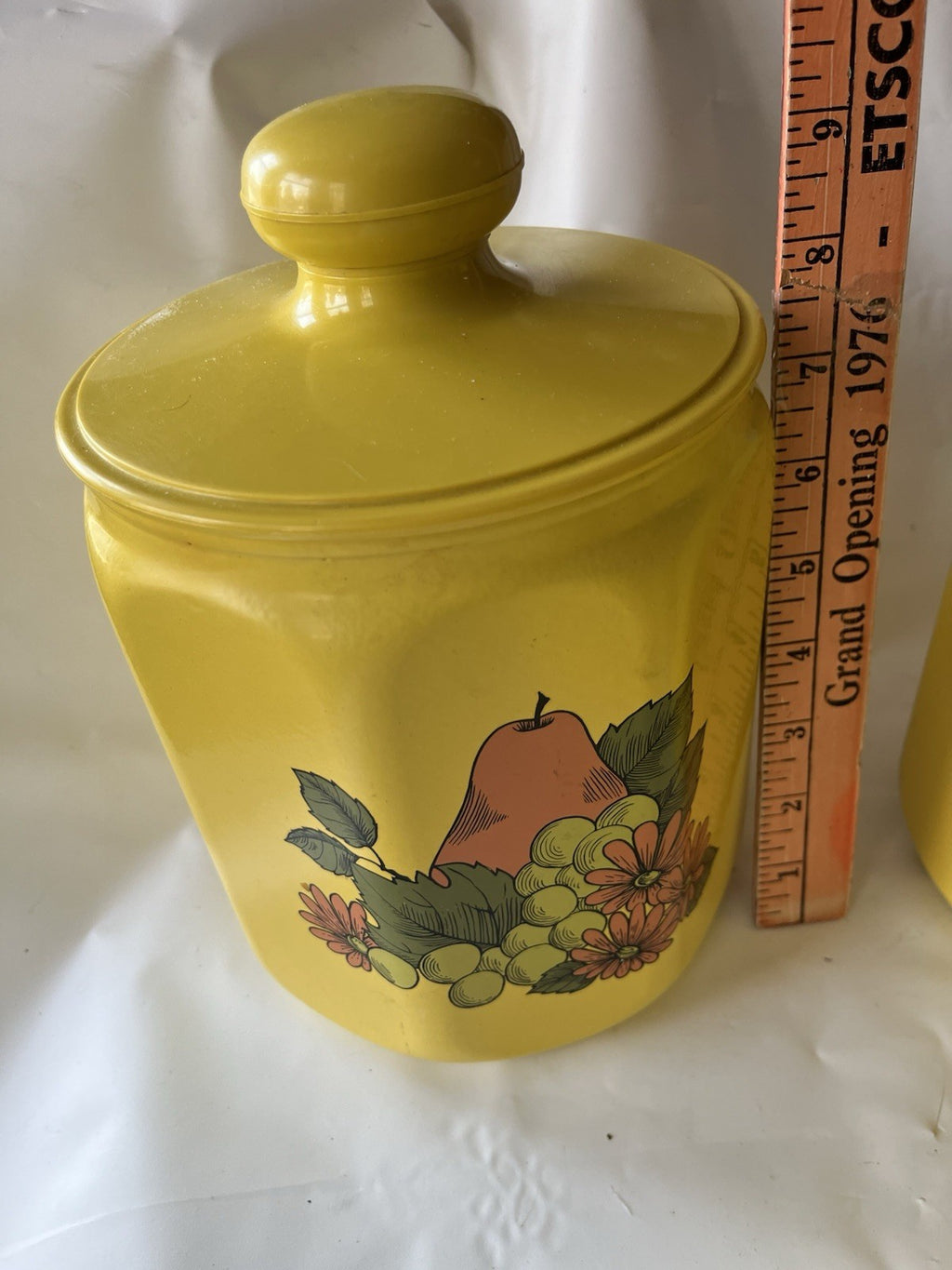 Vintage Kromex Faceted Aluminum 4 Canister Set Yellow Fruit Floral Plastic Lids
