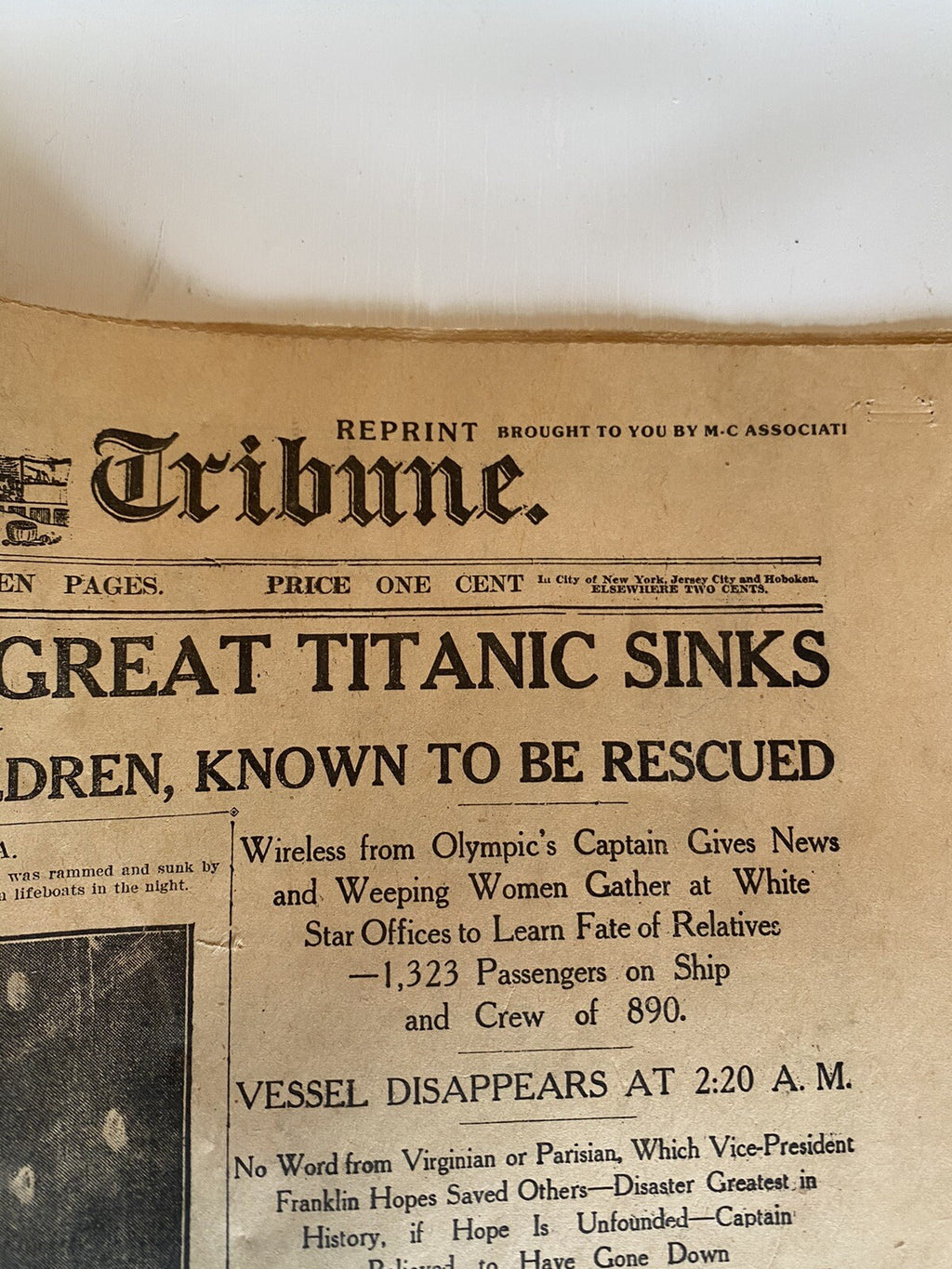 Titanic Sinks!  New York Tribune Newspaper April 16, 1912 Reprint