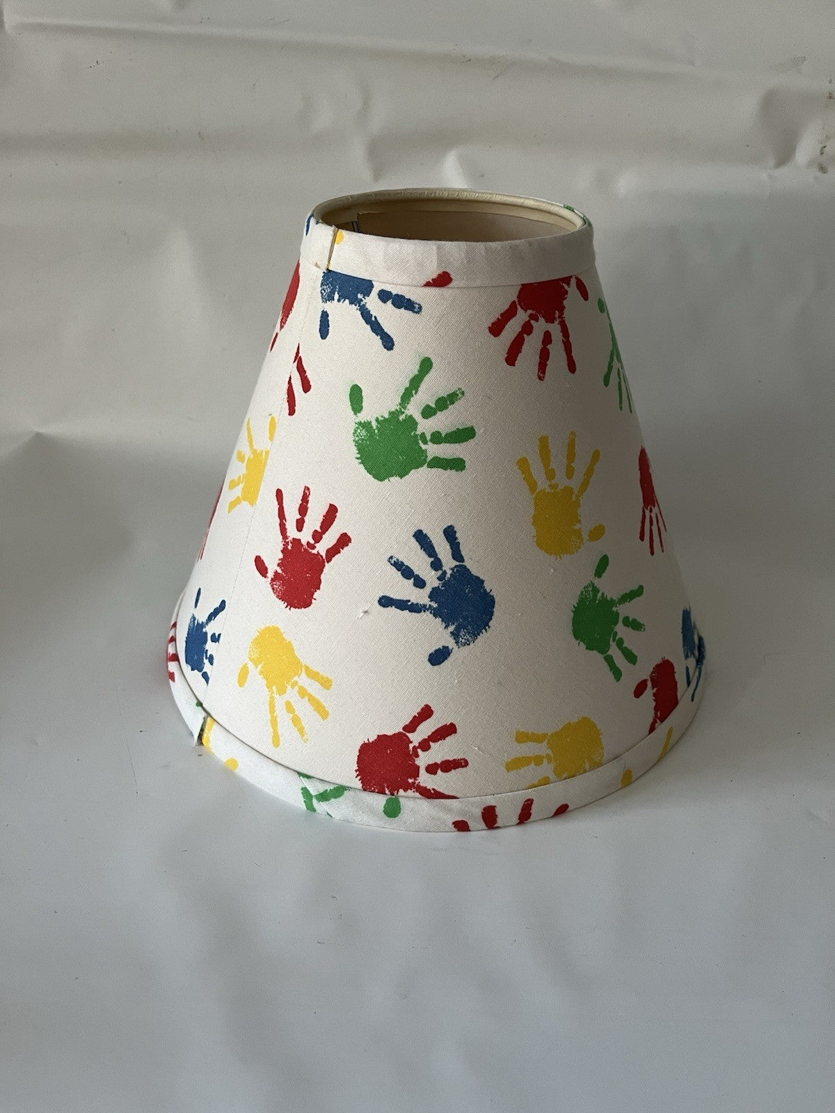 Vintage Kids Hand Print Lamp Shade; White With Green, Red, Blue Yellow Color