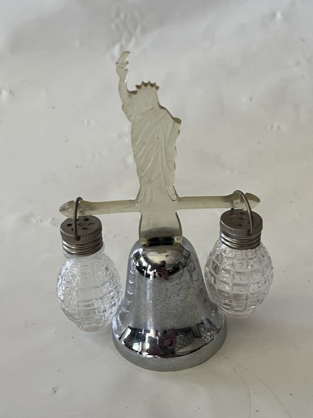 Vintage Silver Toned/Clear Lucite Souvenir Salt/Pepper Shakers W/ Bell Stand (3)