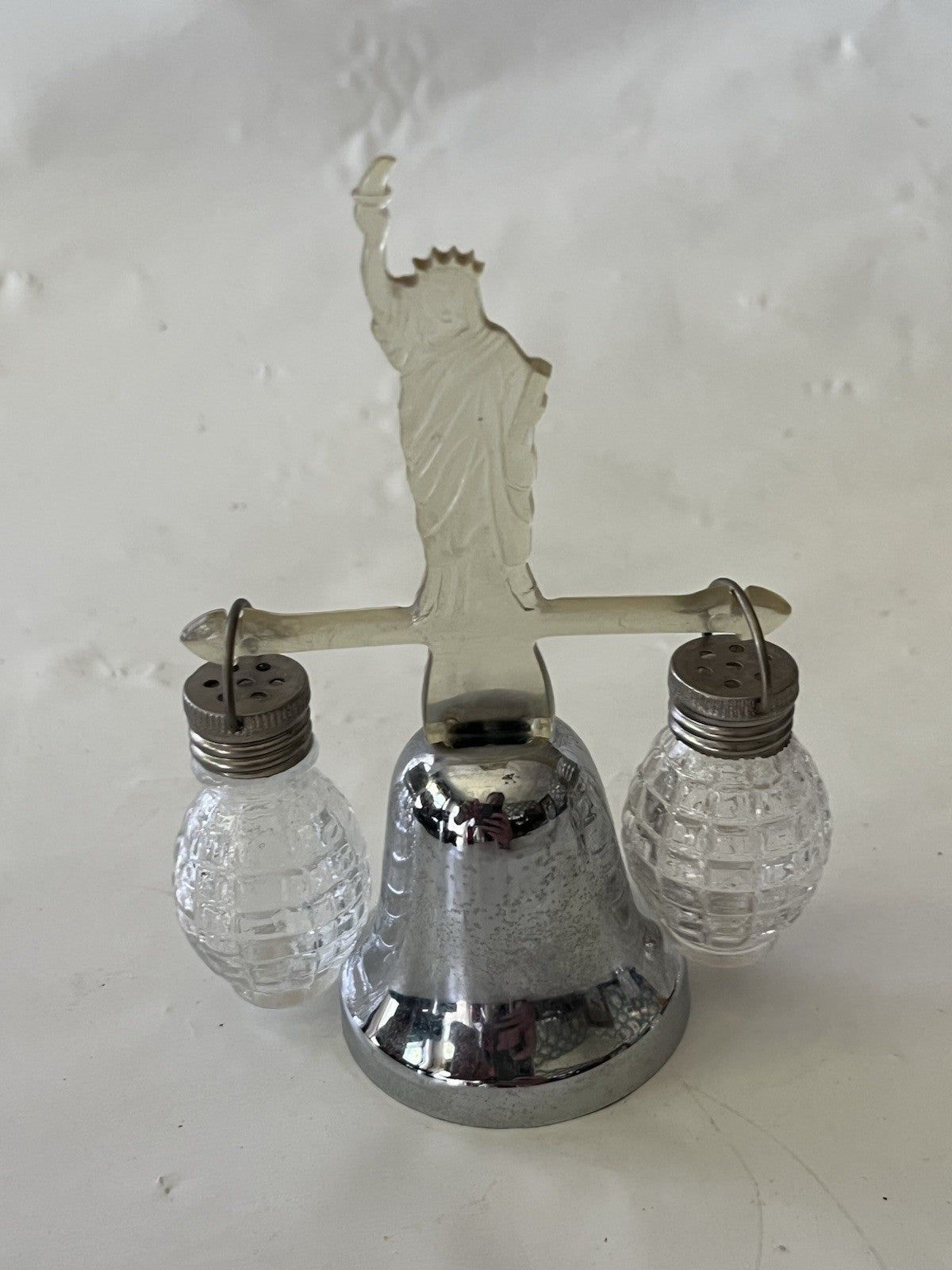 Vintage Silver Toned/Clear Lucite Souvenir Salt/Pepper Shakers W/ Bell Stand (3)