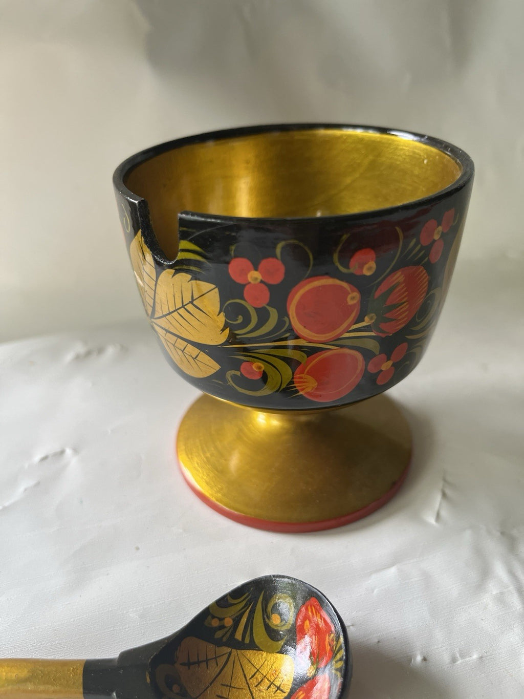 Russian Golden Khokhloma, Wooden Bowl & Spoon Set, Background painting, Folk-Art