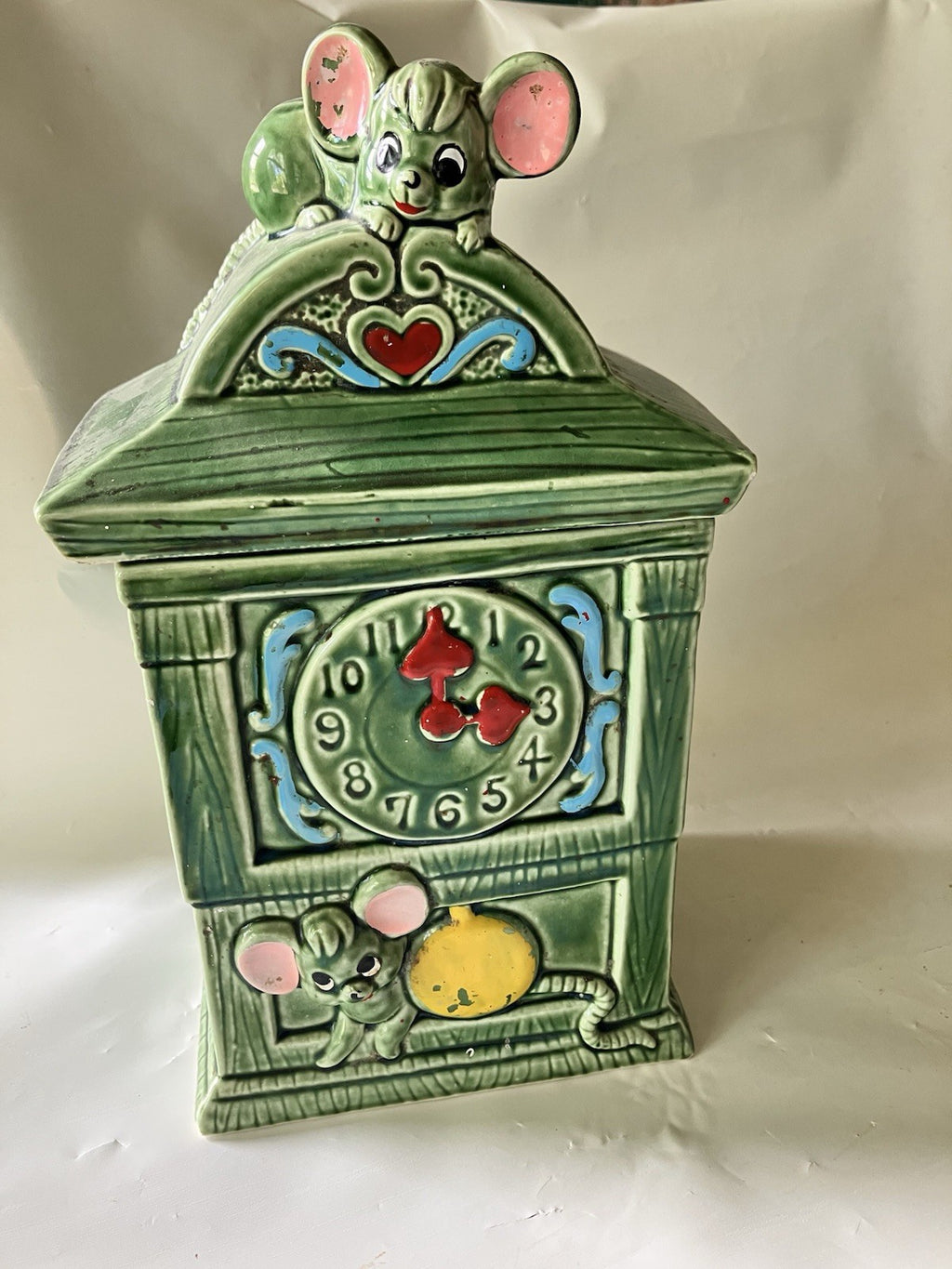 Vintage MCM Green Glazes Ceramic Hickory Dickory Cookie Jar  Made In Japan