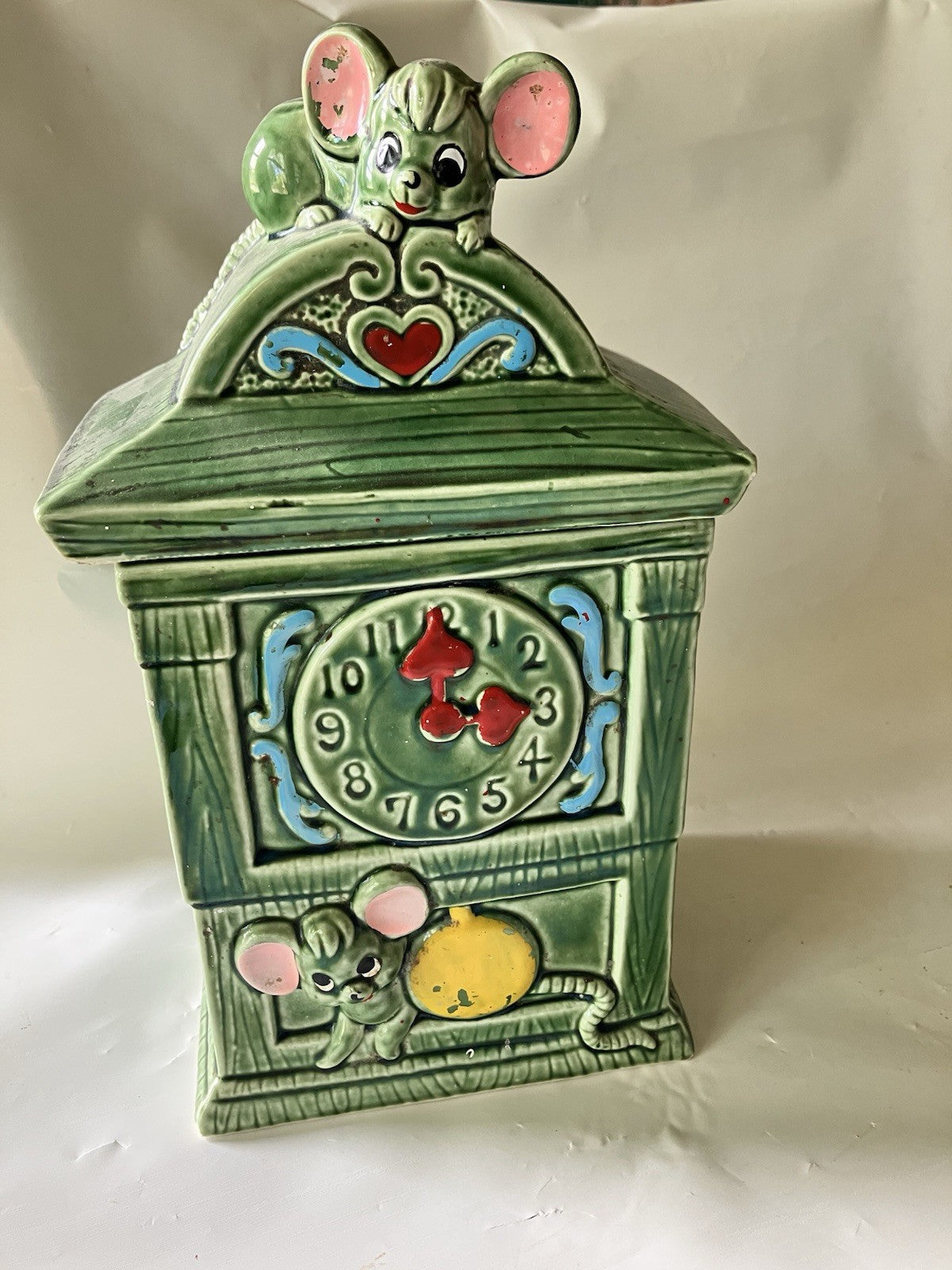 Vintage MCM Green Glazes Ceramic Hickory Dickory Cookie Jar  Made In Japan
