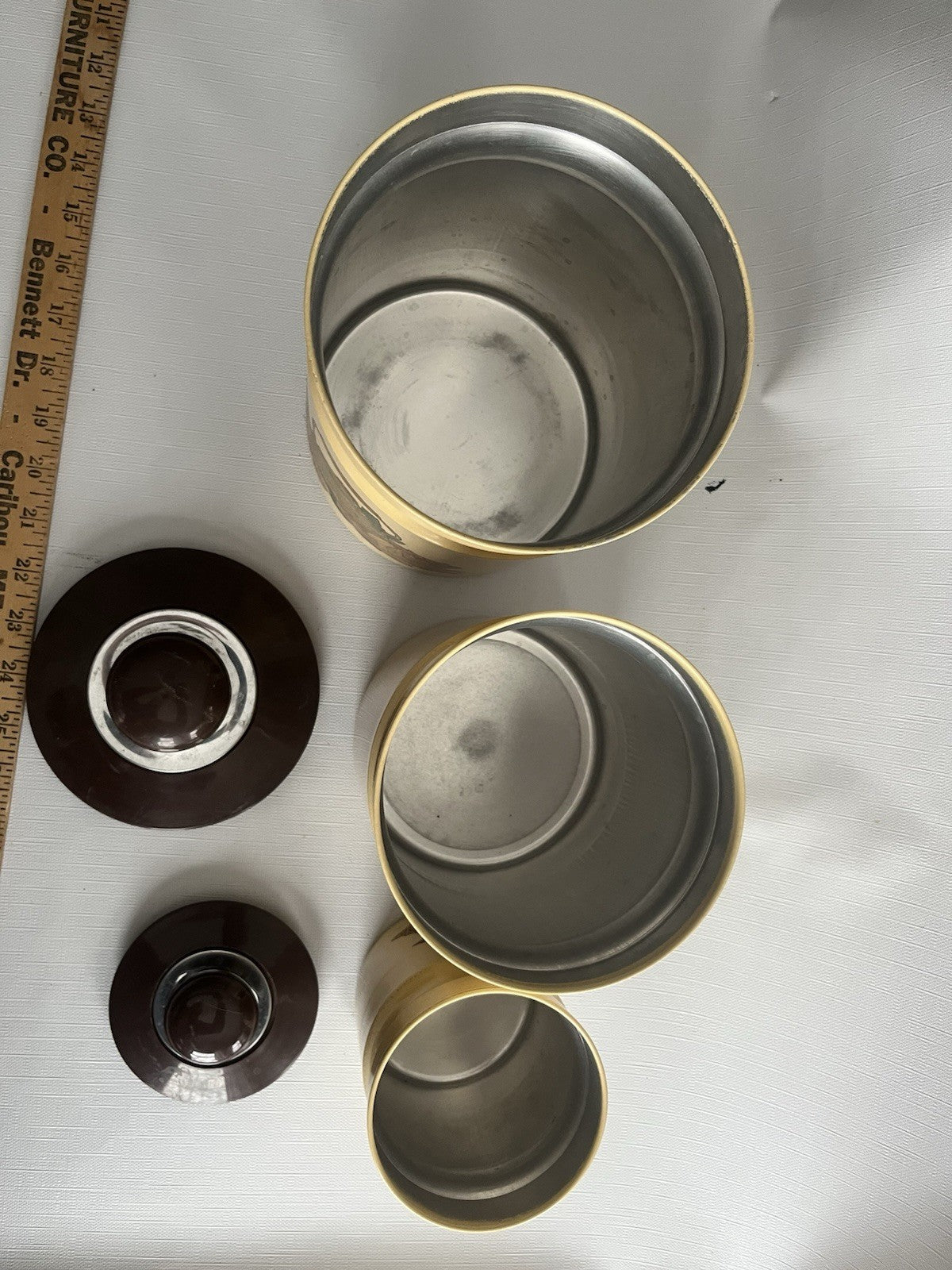 Kromex Metal Canister Set 3 Rare Beige/Brown Fruit & Vegetables w/ Plastic Lids