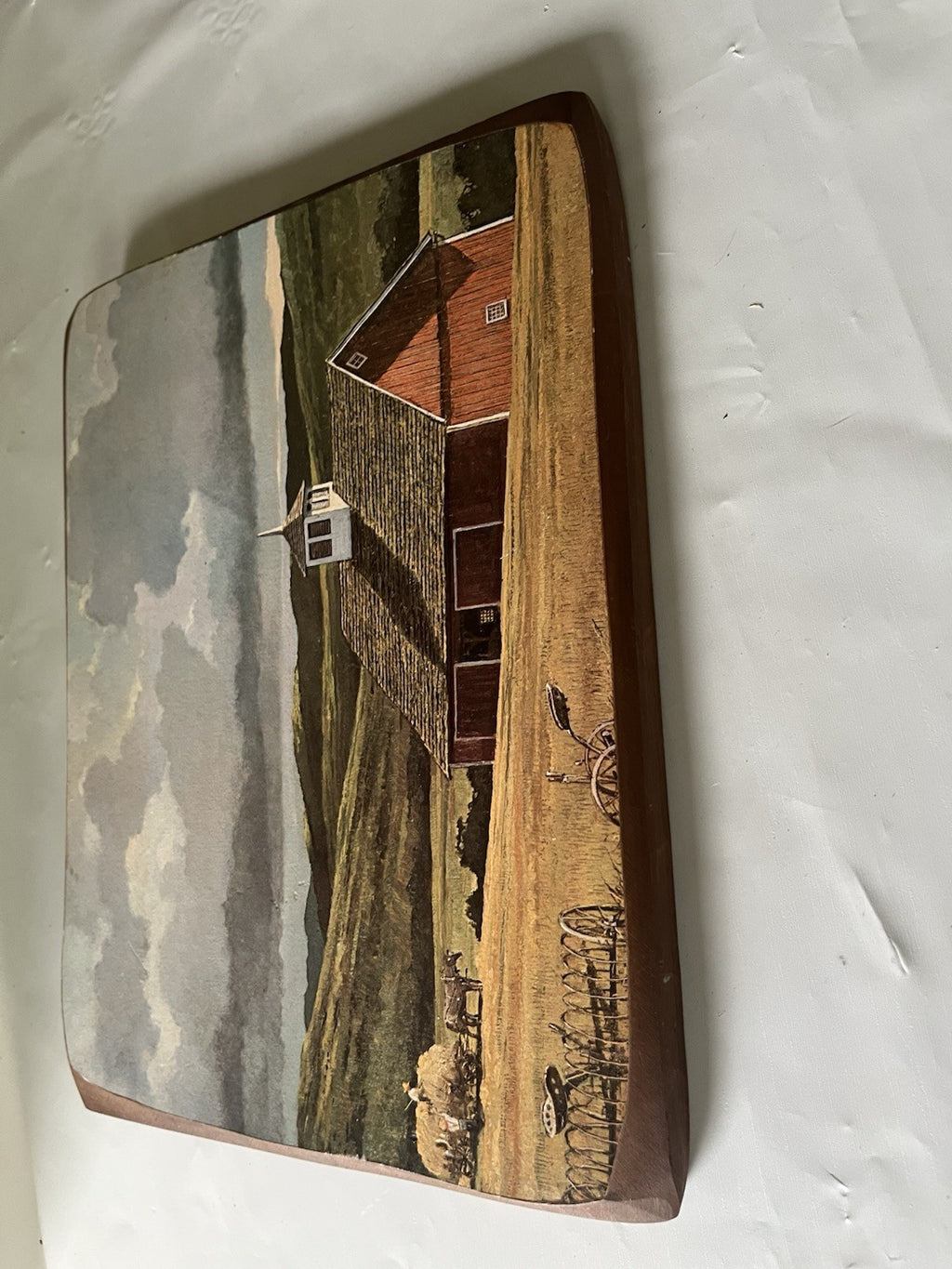 Vintage 1960/70s Wooden 9x13” Plaque Of Ethan Sloane Painting Farmland, Amish