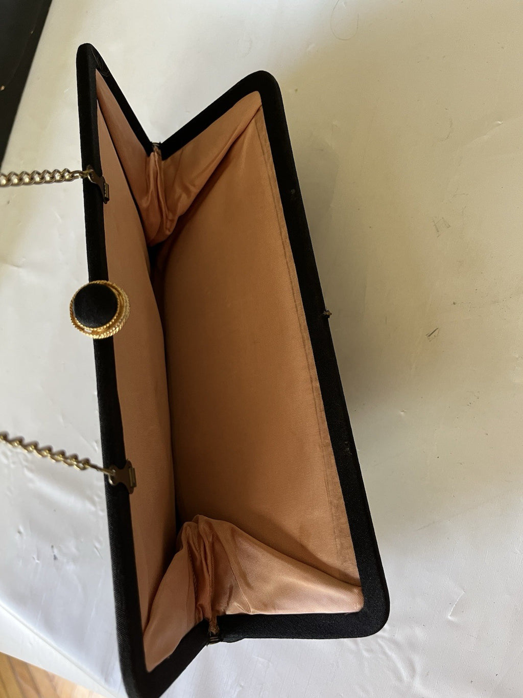 VTG Black Cloth Evening Bag/Clutch Gold Chain Strap Kiss Lock Closure MCM 1960s