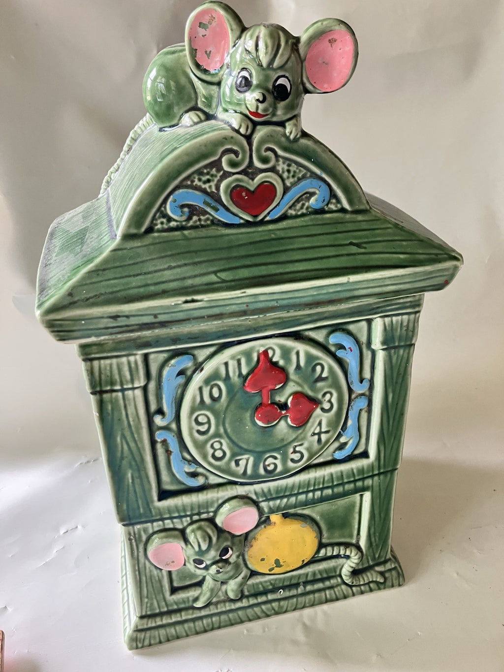 Vintage MCM Green Glazes Ceramic Hickory Dickory Cookie Jar  Made In Japan