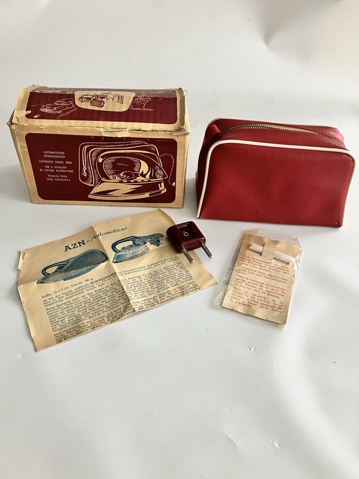 1950s German Zoeller Maroon Travel Iron W/ Original Box, Paper EVC, Never Used