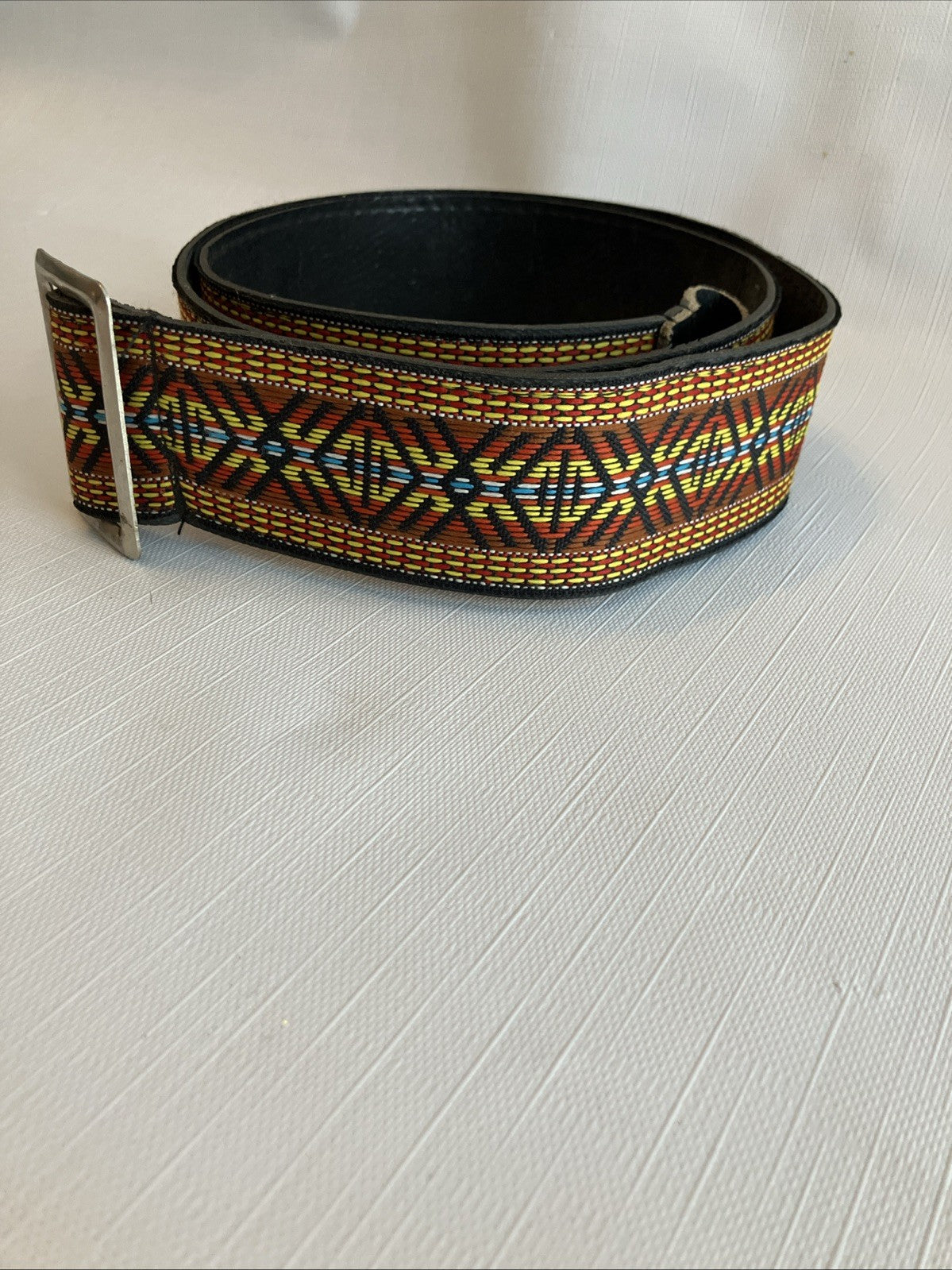 Vintage Woven/Black Leather Guitar Strap; 1960/70’s. GUC