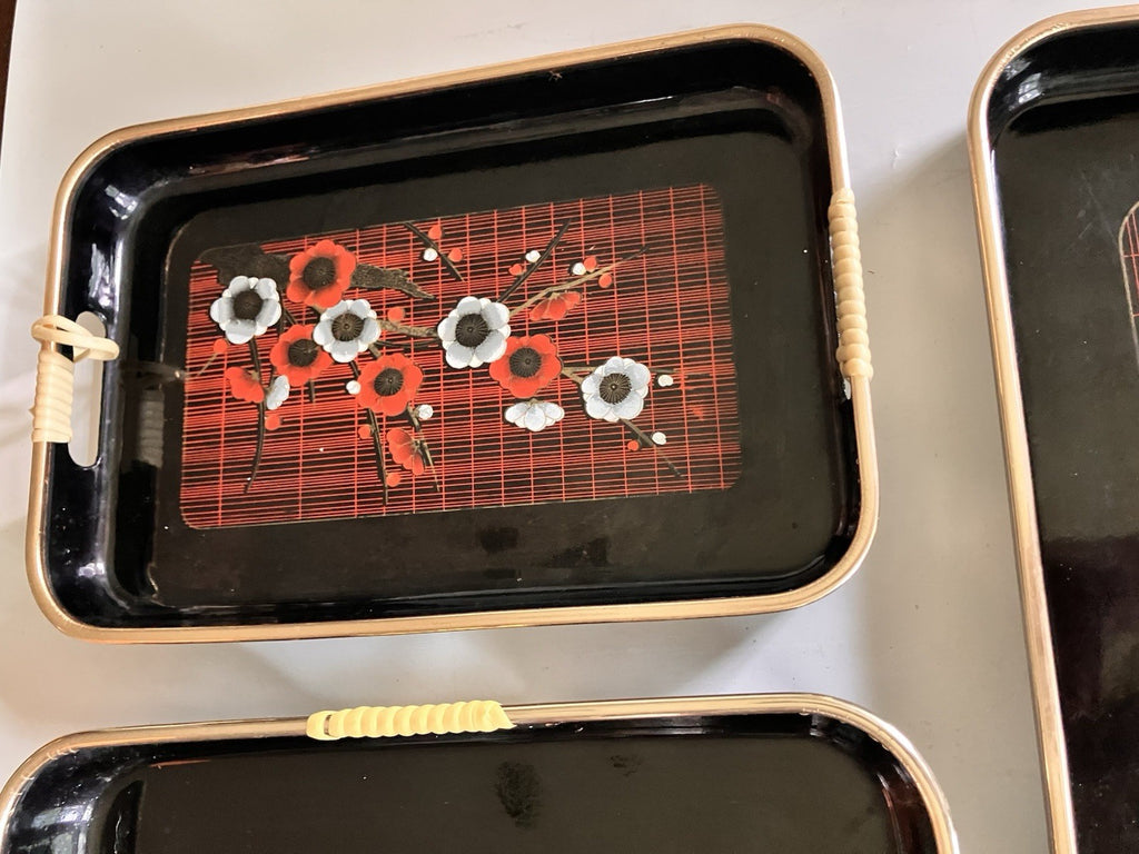 Vtg Toyo Japanese Lacquerware Enamel Serving Trays (4)- Floral/Plaid 2 Patterns