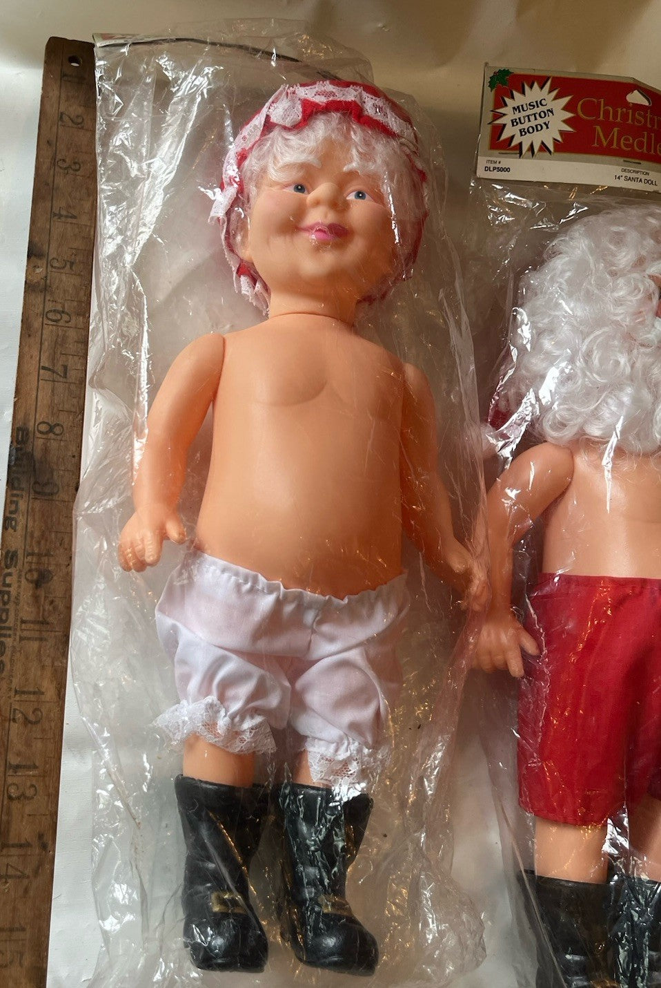 Vintage NOS 14” Santa/Mrs Clause Music Button Body (2) Craft Dolls
