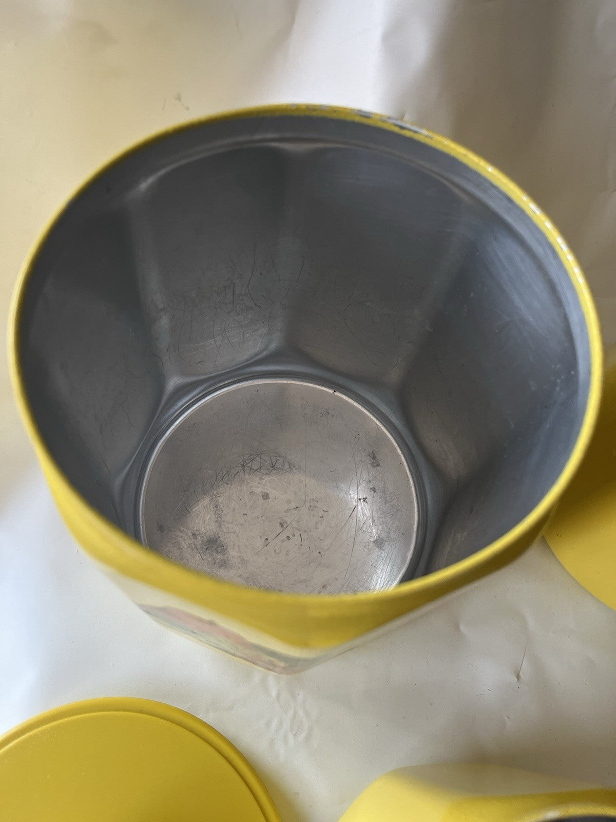 Vintage Kromex Faceted Aluminum 4 Canister Set Yellow Fruit Floral Plastic Lids