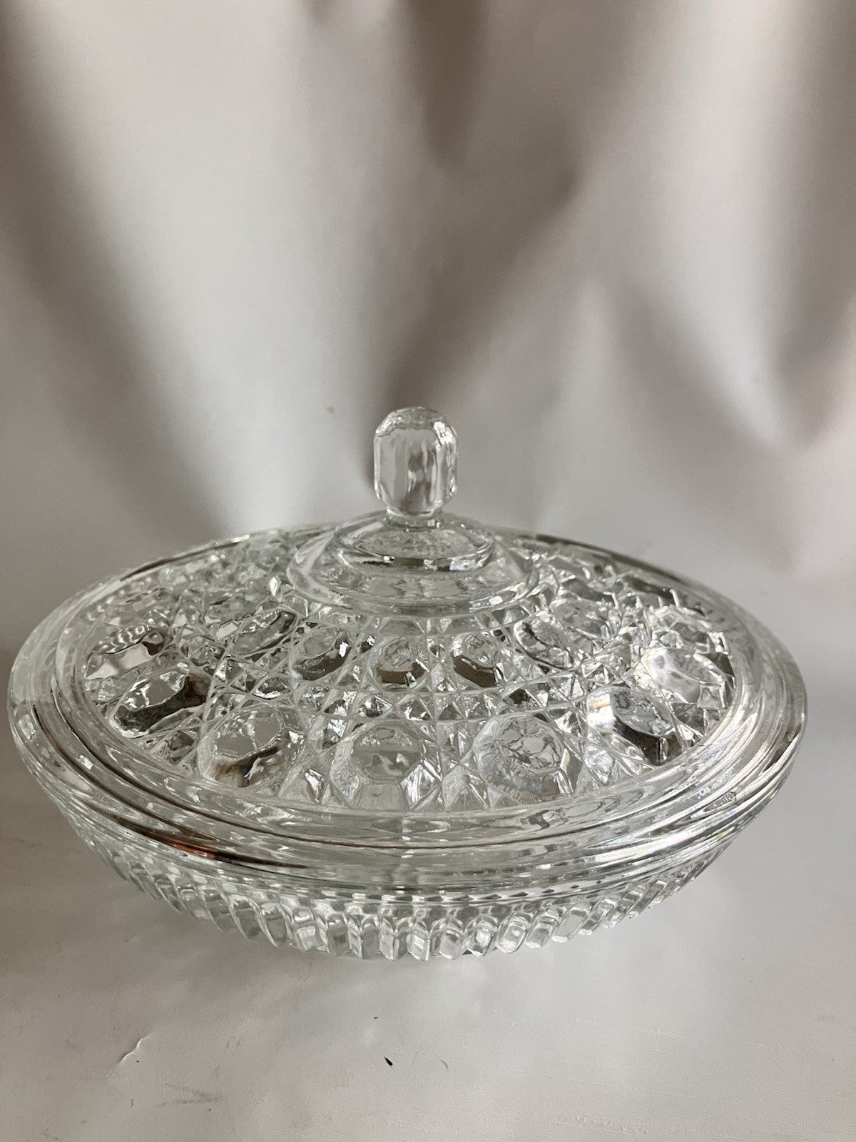 Vintage Clear Indiana Glass Diamond Cane And Button Candy Dish