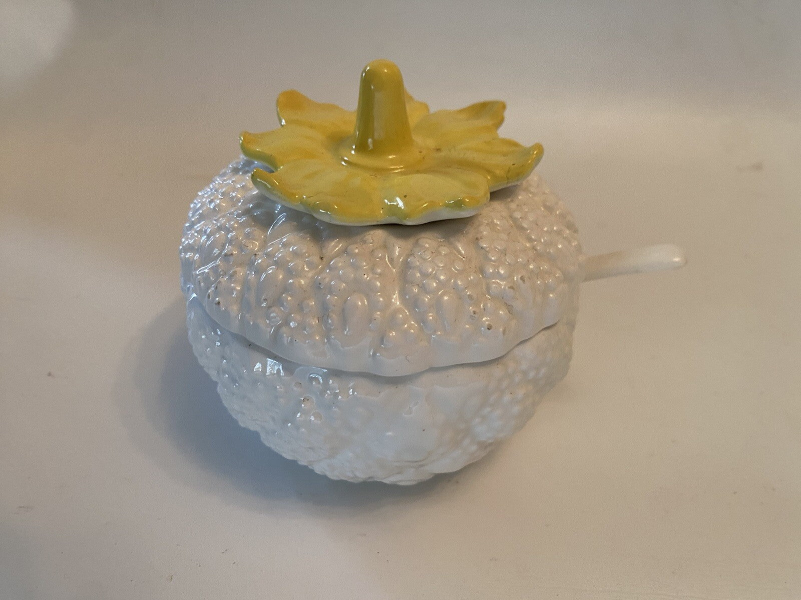 Vintage White & Yellow Jam Jar w/Spoon