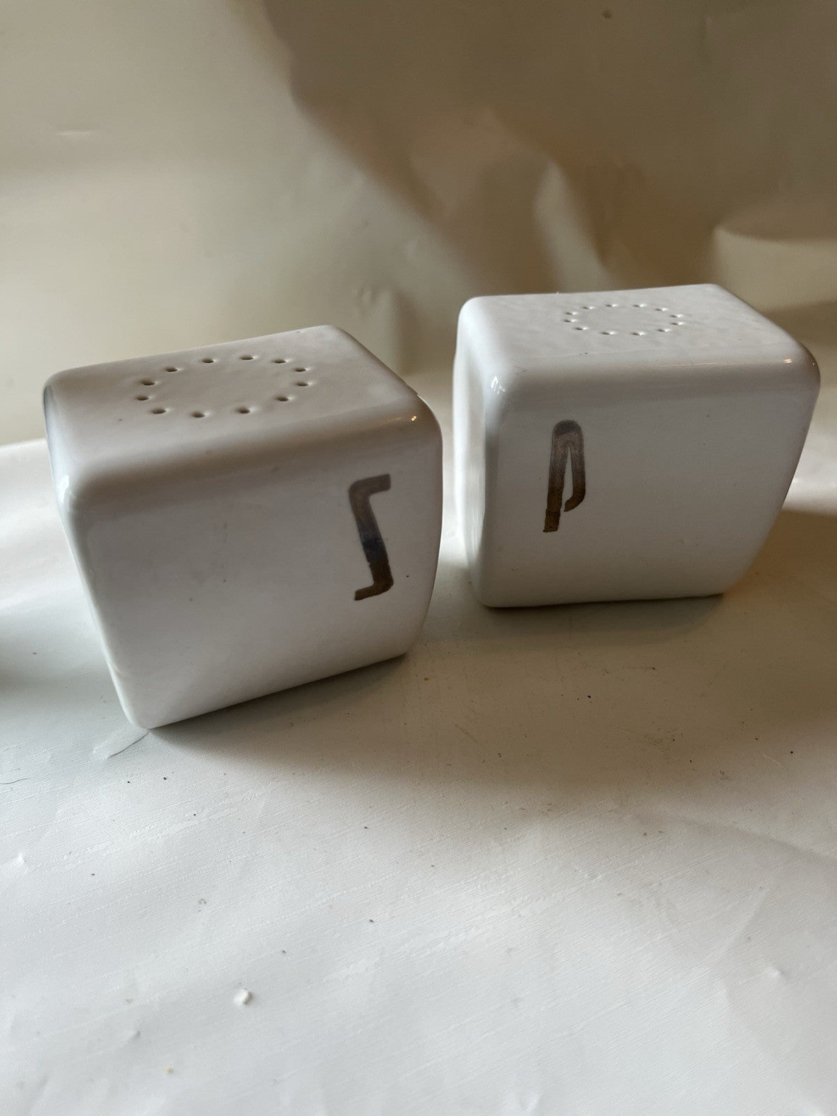 Vintage Art Deco White Silver Letters Salt and Pepper Shakers Ceramic