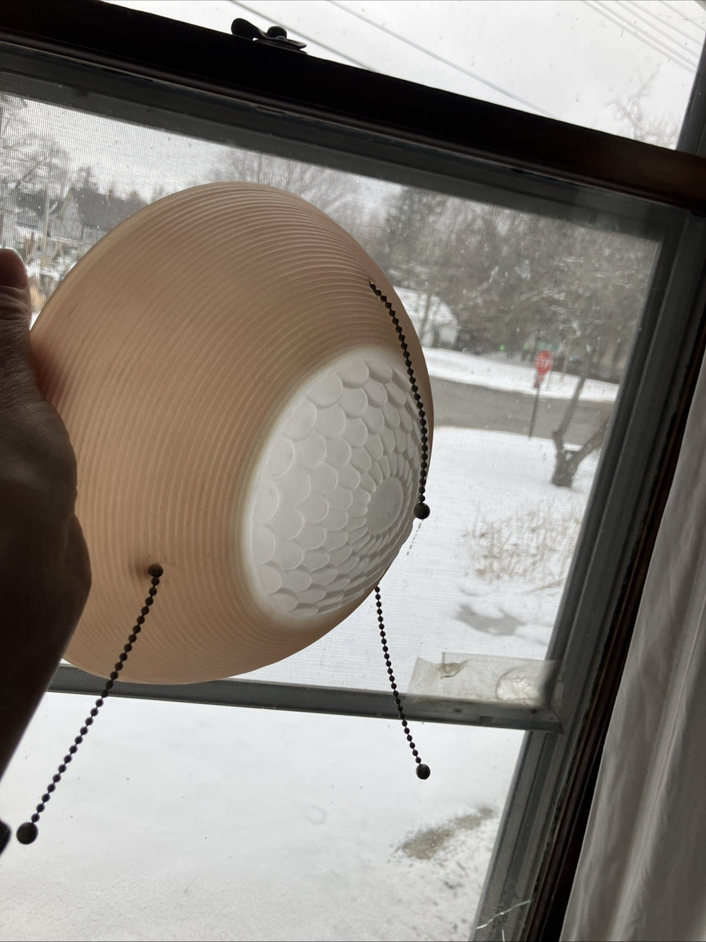 Vintage Hanging 3 Chain Ceiling Light Lamp Shade 10" Frosted Pink Glass Ribbed