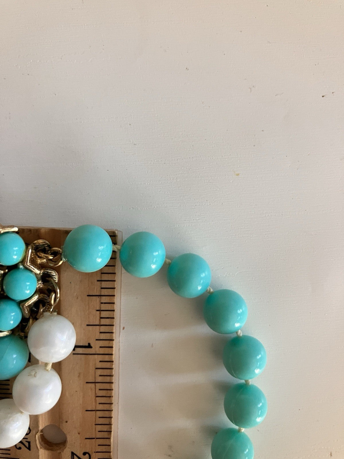 Vintage Blue & White Triple Stranded Faux Pearl Necklace W/ Gold Tone Clasp
