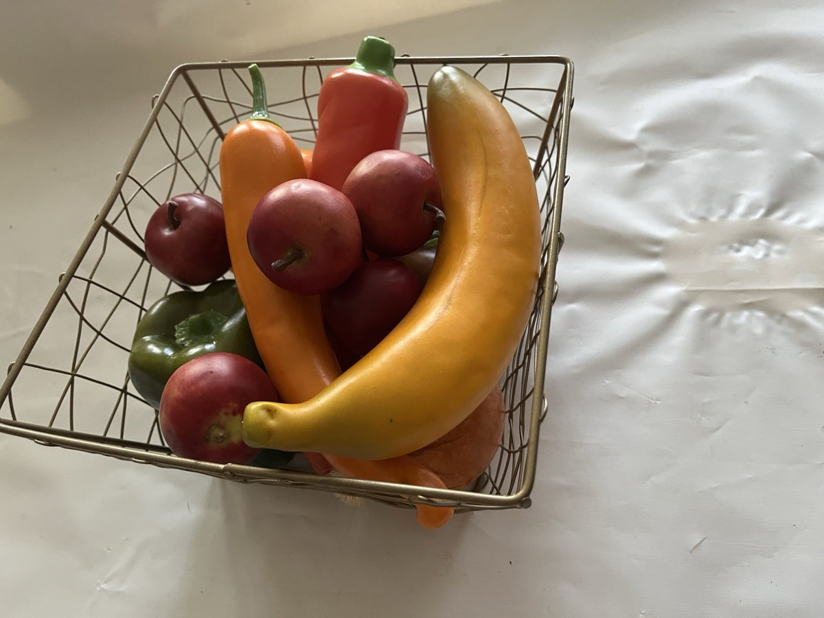 Vintage MCM Soft Faux Fruit & Vegetables In Wire 7x7x5” Basket