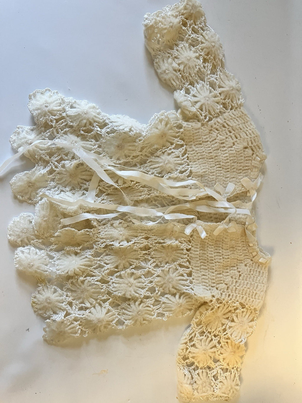 Vintage Newborn Baby Girl White Baptism Dress And Handmade Cardigan/Bonnet